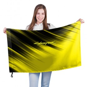 Флаг 3D с принтом Cyberpunk 2077 (Yellow). в Екатеринбурге, 100% полиэстер | плотность ткани — 95 г/м2, размер — 67 х 109 см. Принт наносится с одной стороны | 3d | cyberpunk 2077 | red | абстракция | геометрия | игра | киберпанк 2077 | красный | лого | логотип | надпись | стиль | текстура