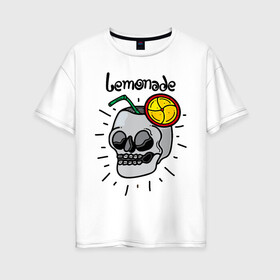 Женская футболка хлопок Oversize с принтом Лимонад в Екатеринбурге, 100% хлопок | свободный крой, круглый ворот, спущенный рукав, длина до линии бедер
 | clove | grin | jaw | lemon | lemonade | orbits | skull | teeth | tubule | глазницы | долька | зубы | лимон | лимонад | оскал | трубочка | череп