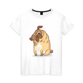 Женская футболка хлопок с принтом Удивленный мопс в Екатеринбурге, 100% хлопок | прямой крой, круглый вырез горловины, длина до линии бедер, слегка спущенное плечо | dog | pug | мопс | пес | псина | собака | собачка | удивление