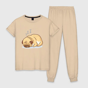 Женская пижама хлопок с принтом Спящий мопс в Екатеринбурге, 100% хлопок | брюки и футболка прямого кроя, без карманов, на брюках мягкая резинка на поясе и по низу штанин | dog | pug | мопс | пес | псина | собака | собачка | сон | спит | спящий