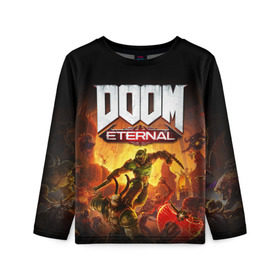 Детский лонгслив 3D с принтом DOOM Eternal в Екатеринбурге, 100% полиэстер | длинные рукава, круглый вырез горловины, полуприлегающий силуэт
 | Тематика изображения на принте: 2019 | bethesda | demon | doom | eternal | ethernal | game | games | logo | monster | runes | демон | дум | дуум | етернал | игра | игры | какодемон | кровь | лого | логотип | монстр | монстры | руны | символ | этернал