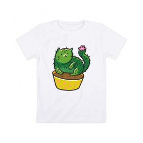 Детская футболка хлопок с принтом Кот-кактус в Екатеринбурге, 100% хлопок | круглый вырез горловины, полуприлегающий силуэт, длина до линии бедер | cat | горшок | иголки | кактус | кот кактус | котик | кошка | растение | цветок