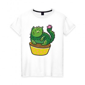 Женская футболка хлопок с принтом Кот-кактус в Екатеринбурге, 100% хлопок | прямой крой, круглый вырез горловины, длина до линии бедер, слегка спущенное плечо | cat | горшок | иголки | кактус | кот кактус | котик | кошка | растение | цветок