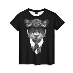 Женская футболка 3D с принтом Пантера в очках в Екатеринбурге, 100% полиэфир ( синтетическое хлопкоподобное полотно) | прямой крой, круглый вырез горловины, длина до линии бедер | animal | panther | predator | животное | очки | пантера | хищник