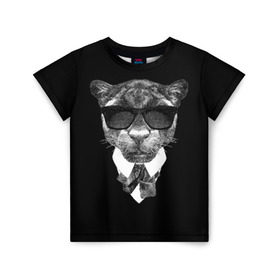 Детская футболка 3D с принтом Пантера в очках в Екатеринбурге, 100% гипоаллергенный полиэфир | прямой крой, круглый вырез горловины, длина до линии бедер, чуть спущенное плечо, ткань немного тянется | animal | panther | predator | животное | очки | пантера | хищник