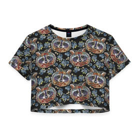 Женская футболка Cropp-top с принтом Еноты в Екатеринбурге, 100% полиэстер | круглая горловина, длина футболки до линии талии, рукава с отворотами | 