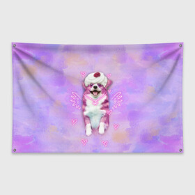 Флаг-баннер с принтом Ангелок корги в Екатеринбурге, 100% полиэстер | размер 67 х 109 см, плотность ткани — 95 г/м2; по краям флага есть четыре люверса для крепления | dog | ангел | ангелок | еда | корги | мороженое | пес | пироженко | пирожное | сердечки | собака | собачка