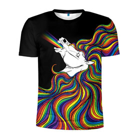 Мужская футболка 3D спортивная с принтом Белый конь с радужной гривой в Екатеринбурге, 100% полиэстер с улучшенными характеристиками | приталенный силуэт, круглая горловина, широкие плечи, сужается к линии бедра | волны | конь | лошадь | радуга