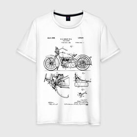 Мужская футболка хлопок с принтом Patent Harley в Екатеринбурге, 100% хлопок | прямой крой, круглый вырез горловины, длина до линии бедер, слегка спущенное плечо. | harley | patent | байк | байкер | идея | история | механика | мото | мотоцикл | патент | разработка | харлей | чертеж | чертежи