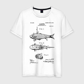Мужская футболка хлопок с принтом Patent - Artificial bait в Екатеринбурге, 100% хлопок | прямой крой, круглый вырез горловины, длина до линии бедер, слегка спущенное плечо. | patent | воблер | идея | история | крючок | патент | приманка | разработка | рыбак | рыбалка | туризм | удочка | чертеж | чертежи