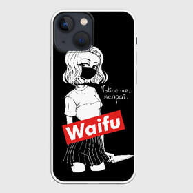 Чехол для iPhone 13 mini с принтом Waifu в Екатеринбурге,  |  | anime | bandage | blonde | cartoon | cheeky | closed | comic | face | girl | holds | inscription | japanese | knife | manga | notic | sempai | young | аниме | блондинка | девушка | держит | дерзкая | закрытое | заметь меня | комикс | лицо | манга | 