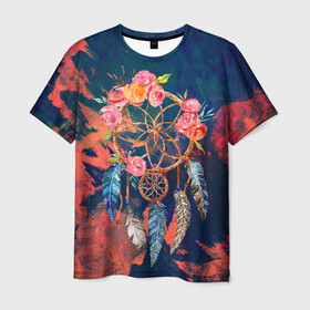 Мужская футболка 3D с принтом Ловец Снов в Екатеринбурге, 100% полиэфир | прямой крой, круглый вырез горловины, длина до линии бедер | ловец снов | перья | сон | цветы