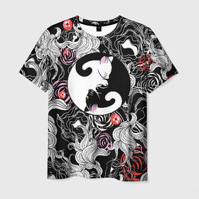 Мужская футболка 3D с принтом Инь-Янь Котики в Екатеринбурге, 100% полиэфир | прямой крой, круглый вырез горловины, длина до линии бедер | домашние животные | животные | инь янь | котики | милость | растение | цветы