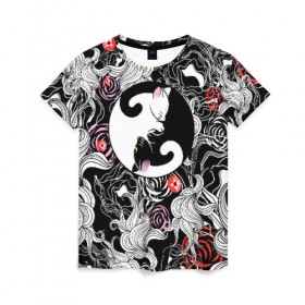 Женская футболка 3D с принтом Инь-Янь Котики в Екатеринбурге, 100% полиэфир ( синтетическое хлопкоподобное полотно) | прямой крой, круглый вырез горловины, длина до линии бедер | домашние животные | животные | инь янь | котики | милость | растение | цветы