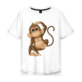 Мужская футболка хлопок Oversize с принтом Обезьяна Чи-чи-чи в Екатеринбурге, 100% хлопок | свободный крой, круглый ворот, “спинка” длиннее передней части | веселая обезьяна | веселые животные | забавный мишка | медведь | мишка | обезьяна | смешные животные