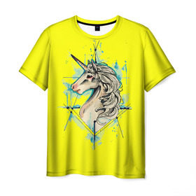 Мужская футболка 3D с принтом Единорог Yellow Unicorn в Екатеринбурге, 100% полиэфир | прямой крой, круглый вырез горловины, длина до линии бедер | unicorn | yellow unicorn | единорог | единорожки | животные | лошади