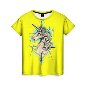 Женская футболка 3D с принтом Единорог Yellow Unicorn в Екатеринбурге, 100% полиэфир ( синтетическое хлопкоподобное полотно) | прямой крой, круглый вырез горловины, длина до линии бедер | unicorn | yellow unicorn | единорог | единорожки | животные | лошади