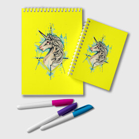 Блокнот с принтом Единорог Yellow Unicorn в Екатеринбурге, 100% бумага | 48 листов, плотность листов — 60 г/м2, плотность картонной обложки — 250 г/м2. Листы скреплены удобной пружинной спиралью. Цвет линий — светло-серый
 | Тематика изображения на принте: unicorn | yellow unicorn | единорог | единорожки | животные | лошади