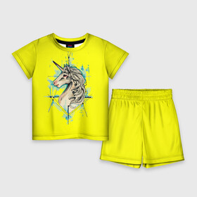 Детский костюм с шортами 3D с принтом Единорог Yellow Unicorn в Екатеринбурге,  |  | unicorn | yellow unicorn | единорог | единорожки | животные | лошади
