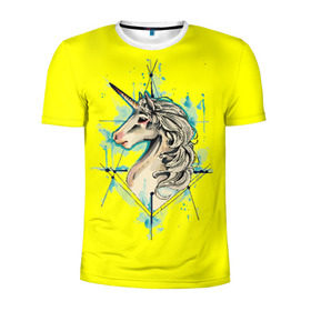 Мужская футболка 3D спортивная с принтом Единорог Yellow Unicorn в Екатеринбурге, 100% полиэстер с улучшенными характеристиками | приталенный силуэт, круглая горловина, широкие плечи, сужается к линии бедра | unicorn | yellow unicorn | единорог | единорожки | животные | лошади