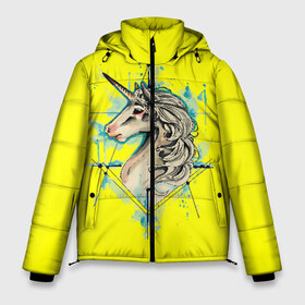 Мужская зимняя куртка 3D с принтом Единорог Yellow Unicorn в Екатеринбурге, верх — 100% полиэстер; подкладка — 100% полиэстер; утеплитель — 100% полиэстер | длина ниже бедра, свободный силуэт Оверсайз. Есть воротник-стойка, отстегивающийся капюшон и ветрозащитная планка. 

Боковые карманы с листочкой на кнопках и внутренний карман на молнии. | unicorn | yellow unicorn | единорог | единорожки | животные | лошади