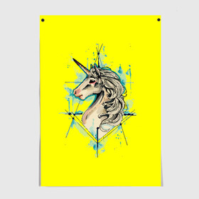 Постер с принтом Единорог Yellow Unicorn  в Екатеринбурге, 100% бумага
 | бумага, плотность 150 мг. Матовая, но за счет высокого коэффициента гладкости имеет небольшой блеск и дает на свету блики, но в отличии от глянцевой бумаги не покрыта лаком | unicorn | yellow unicorn | единорог | единорожки | животные | лошади