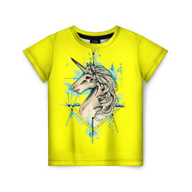 Детская футболка 3D с принтом Единорог Yellow Unicorn в Екатеринбурге, 100% гипоаллергенный полиэфир | прямой крой, круглый вырез горловины, длина до линии бедер, чуть спущенное плечо, ткань немного тянется | unicorn | yellow unicorn | единорог | единорожки | животные | лошади