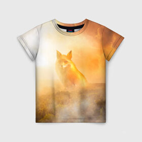Детская футболка 3D с принтом Лисичка в тумане в Екатеринбурге, 100% гипоаллергенный полиэфир | прямой крой, круглый вырез горловины, длина до линии бедер, чуть спущенное плечо, ткань немного тянется | animals | forest | fox | арт | животное | лес | лиса | лисичка | облака | рисунок | рыжая лиса | туман