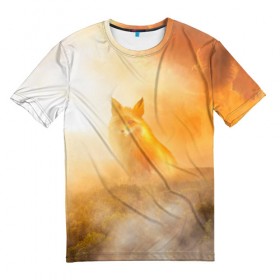 Мужская футболка 3D с принтом Лисичка в тумане в Екатеринбурге, 100% полиэфир | прямой крой, круглый вырез горловины, длина до линии бедер | animals | forest | fox | арт | животное | лес | лиса | лисичка | облака | рисунок | рыжая лиса | туман