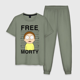 Мужская пижама хлопок с принтом Free Morty в Екатеринбурге, 100% хлопок | брюки и футболка прямого кроя, без карманов, на брюках мягкая резинка на поясе и по низу штанин
 | c 137 | morty | morty smith | portal | rick | rick and morty | rick sanchez | sanchez | smith | морти | морти смит | портал | рик | рик и морти | рик санчез | санчез | смит