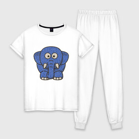 Женская пижама хлопок с принтом Голубой слоник в Екатеринбурге, 100% хлопок | брюки и футболка прямого кроя, без карманов, на брюках мягкая резинка на поясе и по низу штанин | Тематика изображения на принте: животные | мамонт | маугли | персонаж | природа | слон | слоник