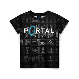 Детская футболка 3D с принтом Portal icons в Екатеринбурге, 100% гипоаллергенный полиэфир | прямой крой, круглый вырез горловины, длина до линии бедер, чуть спущенное плечо, ткань немного тянется | half life | головоломка | иконки | пиктограммы | портал | телепорт