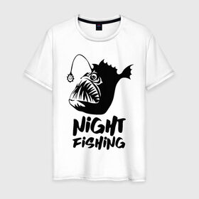 Мужская футболка хлопок с принтом Рыба удильщик в Екатеринбурге, 100% хлопок | прямой крой, круглый вырез горловины, длина до линии бедер, слегка спущенное плечо. | angler | fin | fishing | jaw | lantern | night | rod | tail | teeth | глубина | зубы | ночь | плавник | рыбалка | удильщик | удочка | фонарик | хвост