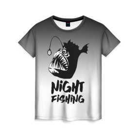 Женская футболка 3D с принтом Рыба удильщик в Екатеринбурге, 100% полиэфир ( синтетическое хлопкоподобное полотно) | прямой крой, круглый вырез горловины, длина до линии бедер | angler | fin | fishing | jaw | lantern | night | rod | tail | teeth | глубина | зубы | ночь | плавник | рыбалка | удильщик | удочка | фонарик | хвост