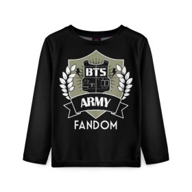 Детский лонгслив 3D с принтом BTS Army Fandom в Екатеринбурге, 100% полиэстер | длинные рукава, круглый вырез горловины, полуприлегающий силуэт
 | Тематика изображения на принте: army | bangtan boys | beyond the scene | boys | bts | chin | edm | emblem | fandom | fans | hieroglyphs | hip hop | jimin | k pop | logo | rainbow | rb | rm | south korean | армия | бойбенд | ви | джей хоуп | иероглифы | логотип | мальчики | радуга 