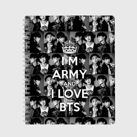 Тетрадь с принтом I am army and I lover BTS в Екатеринбурге, 100% бумага | 48 листов, плотность листов — 60 г/м2, плотность картонной обложки — 250 г/м2. Листы скреплены сбоку удобной пружинной спиралью. Уголки страниц и обложки скругленные. Цвет линий — светло-серый
 | Тематика изображения на принте: bangtan boys | beyond the scene | boyband | boys | bts | chin | chonguk | collage | crown | edm | flowers | hip hop | jimin | jj hope | k pop | photo | r  b | rm | south korean | suga | wee | бойбенд | ви | джей хоуп | коллаж | корона | мальчики | с