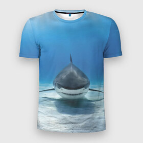 Мужская футболка 3D спортивная с принтом Анфас в Екатеринбурге, 100% полиэстер с улучшенными характеристиками | приталенный силуэт, круглая горловина, широкие плечи, сужается к линии бедра | bottom | fin | full face | jaw | ocean | sand | shark | water | акула | анфас | вода | дно | океан | песок | плавник