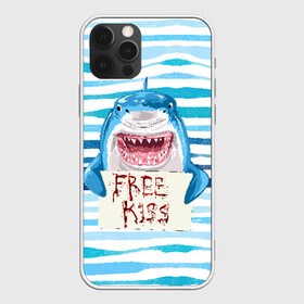Чехол для iPhone 12 Pro с принтом Free Kiss в Екатеринбурге, силикон | область печати: задняя сторона чехла, без боковых панелей | Тематика изображения на принте: free kiss | акула | бесплатные поцелуи | вода | кровь | море | объявление | острые зубы | поцелуй | рыба | табличка | хищник