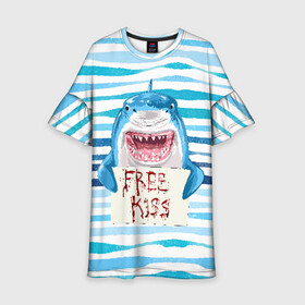 Детское платье 3D с принтом Free Kiss в Екатеринбурге, 100% полиэстер | прямой силуэт, чуть расширенный к низу. Круглая горловина, на рукавах — воланы | Тематика изображения на принте: free kiss | акула | бесплатные поцелуи | вода | кровь | море | объявление | острые зубы | поцелуй | рыба | табличка | хищник