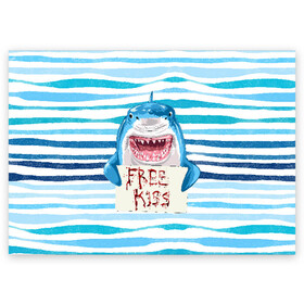 Поздравительная открытка с принтом Free Kiss в Екатеринбурге, 100% бумага | плотность бумаги 280 г/м2, матовая, на обратной стороне линовка и место для марки
 | Тематика изображения на принте: free kiss | акула | бесплатные поцелуи | вода | кровь | море | объявление | острые зубы | поцелуй | рыба | табличка | хищник