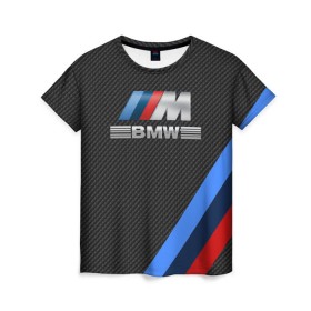 Женская футболка 3D с принтом BMW КАРБОН в Екатеринбурге, 100% полиэфир ( синтетическое хлопкоподобное полотно) | прямой крой, круглый вырез горловины, длина до линии бедер | bmw | абстракция | авто | автомобиль | лого | логотип | машина | скорость