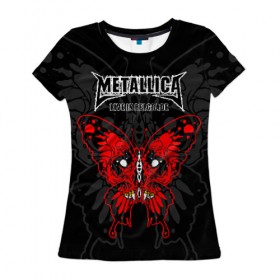 Женская футболка 3D с принтом Metallica в Екатеринбурге, 100% полиэфир ( синтетическое хлопкоподобное полотно) | прямой крой, круглый вырез горловины, длина до линии бедер | american | butterfly | devil | fangs | james hetfield | kirk hammett | metal band | metallica | music | mystic | red | rock | skull | vampire | американская | бабочка | вампир | джеймс хетфилд | дьявол | кирк хэмметт | клыки | красная | ларс ульрих | мета