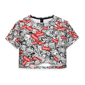 Женская футболка Cropp-top с принтом Senpai ahegao в Екатеринбурге, 100% полиэстер | круглая горловина, длина футболки до линии талии, рукава с отворотами | ahegao | anime | manga | senpai | аниме | ахегао | манга | паттерн | сенпай