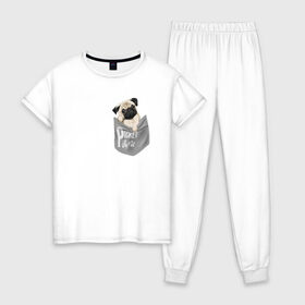 Женская пижама хлопок с принтом Мопс в кармане в Екатеринбурге, 100% хлопок | брюки и футболка прямого кроя, без карманов, на брюках мягкая резинка на поясе и по низу штанин | pug | карман | карманный мопс | малыш | милый | мопс | пес | песик | собака | собачка