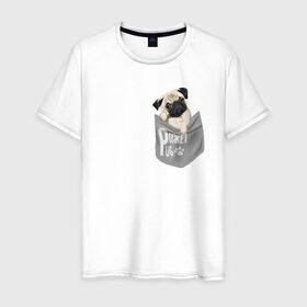 Мужская футболка хлопок с принтом Мопс в кармане в Екатеринбурге, 100% хлопок | прямой крой, круглый вырез горловины, длина до линии бедер, слегка спущенное плечо. | pug | карман | карманный мопс | малыш | милый | мопс | пес | песик | собака | собачка