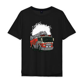 Мужская футболка хлопок Oversize с принтом Пожарная Машина в Екатеринбурге, 100% хлопок | свободный крой, круглый ворот, “спинка” длиннее передней части | Тематика изображения на принте: огонь | пожар | пожарная | пожарная охрана | пожарник | пожарный