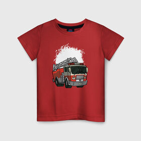 Детская футболка хлопок с принтом Пожарная Машина в Екатеринбурге, 100% хлопок | круглый вырез горловины, полуприлегающий силуэт, длина до линии бедер | Тематика изображения на принте: огонь | пожар | пожарная | пожарная охрана | пожарник | пожарный