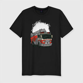 Мужская футболка премиум с принтом Пожарная Машина в Екатеринбурге, 92% хлопок, 8% лайкра | приталенный силуэт, круглый вырез ворота, длина до линии бедра, короткий рукав | Тематика изображения на принте: огонь | пожар | пожарная | пожарная охрана | пожарник | пожарный