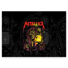 Поздравительная открытка с принтом Metallica  в Екатеринбурге, 100% бумага | плотность бумаги 280 г/м2, матовая, на обратной стороне линовка и место для марки
 | american | death | fly | holds | james hetfield | kirk hammett | lantern | metal band | metallica | moths | music | mysticism | rock | skeleton | skull | американская | держит | джеймс хетфилд | ларс ульрих | летают | метал группа | металлика | мистика | 