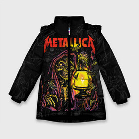 Зимняя куртка для девочек 3D с принтом Metallica в Екатеринбурге, ткань верха — 100% полиэстер; подклад — 100% полиэстер, утеплитель — 100% полиэстер. | длина ниже бедра, удлиненная спинка, воротник стойка и отстегивающийся капюшон. Есть боковые карманы с листочкой на кнопках, утяжки по низу изделия и внутренний карман на молнии. 

Предусмотрены светоотражающий принт на спинке, радужный светоотражающий элемент на пуллере молнии и на резинке для утяжки. | american | death | fly | holds | james hetfield | kirk hammett | lantern | metal band | metallica | moths | music | mysticism | rock | skeleton | skull | американская | держит | джеймс хетфилд | ларс ульрих | летают | метал группа | металлика | мистика | 